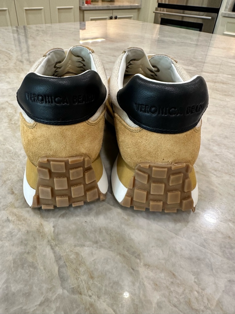 Veronica Beard Tan Suede & Beige Canvas Sneakers with Black Accents - Picture 3 of 7